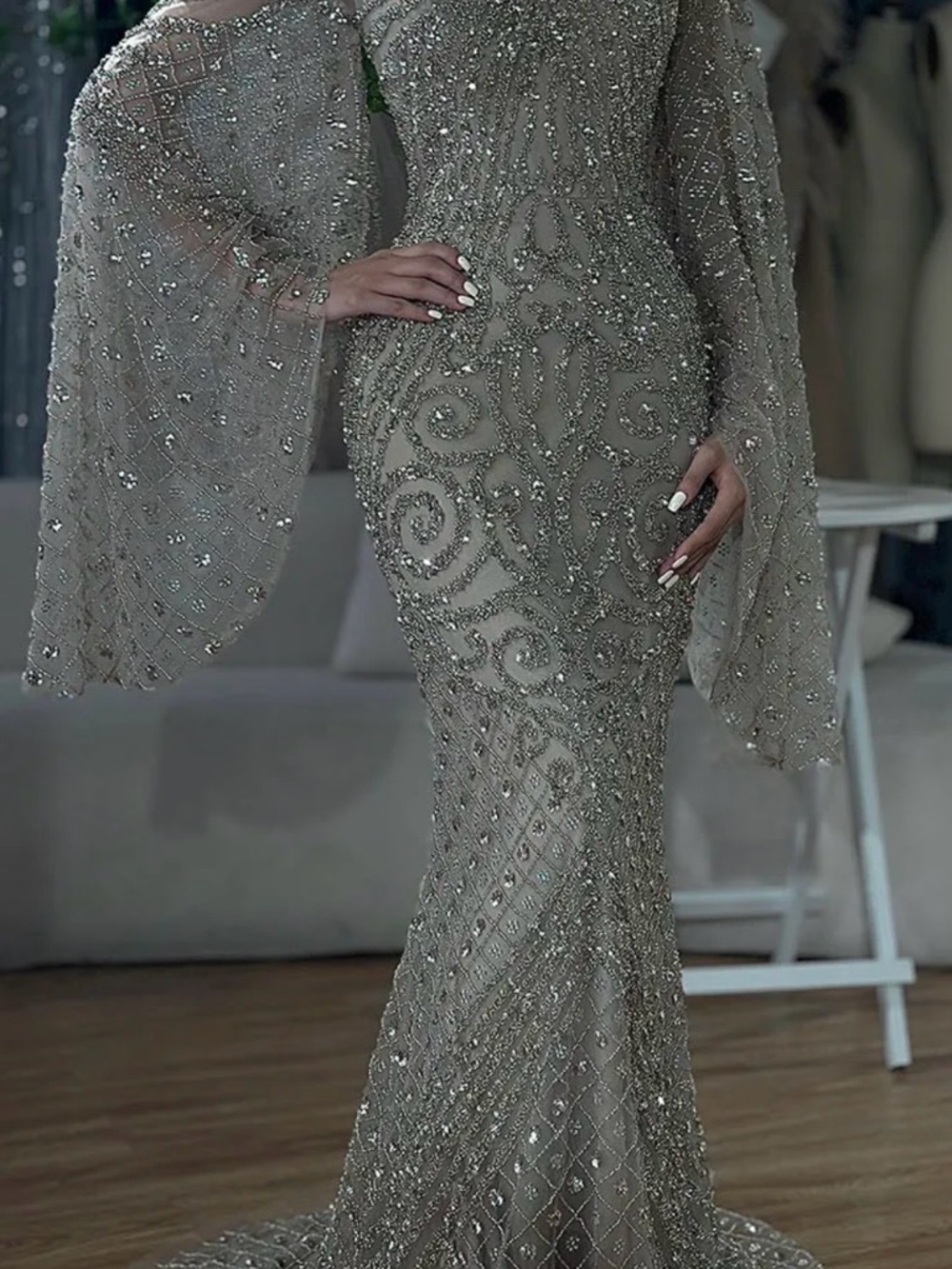 Silver Beaded Long-Sleeve Mermaid Gown
